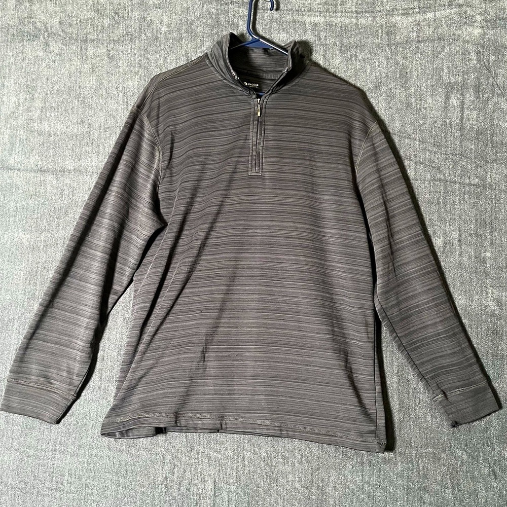Haggar Mens L Gray Striped 1/4 Zip Mock Neck Pullover Sweatshirt Polyester